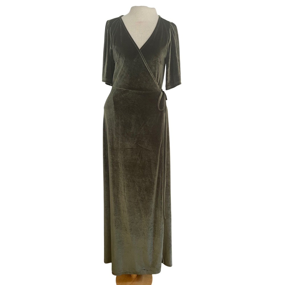 Baltic Born Womens Large Katelyn Velvet Wrap Maxi Dress Dark Olive Green NWT